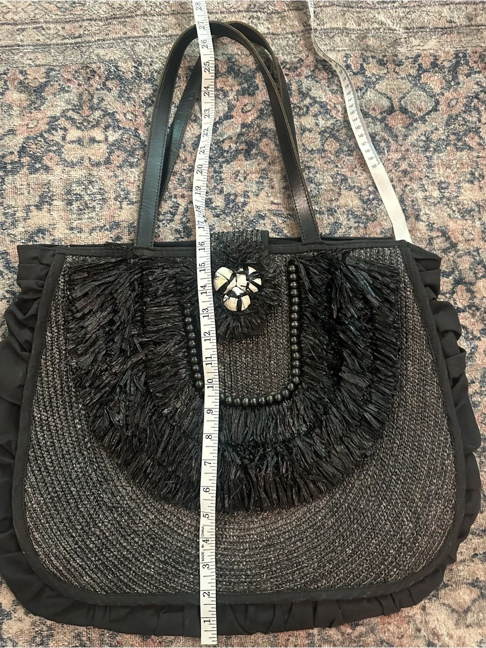 Felix Rey Black Fringe Straw Tote with Seashell Closure beach bag/tote bag